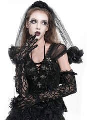 Widow's Veil Lace Gloves with Beaded Black Details