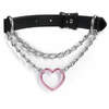 Pink Heart and Chain Pull Leather Choker