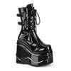 WAVE-150 | Black Patent Platform Boots with Bat Buckles