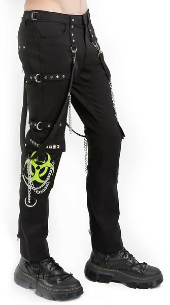 Black Bondage Pants with Neon Biohazard Print