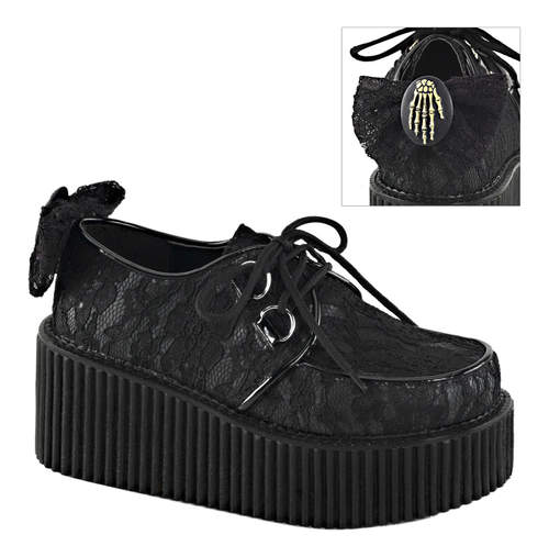 CREEPER-212 Black Lace Creeper Shoes with Skeleton Bow