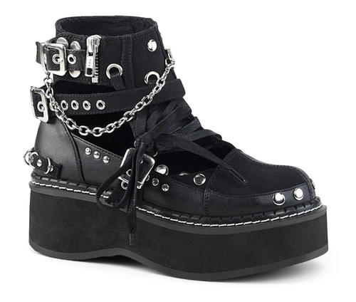 EMILY-317 Black Canvas Platform Boots with Chains by Demonia
