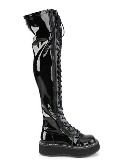 EMILY-375 Black Patent Thigh-High Platform Boots
