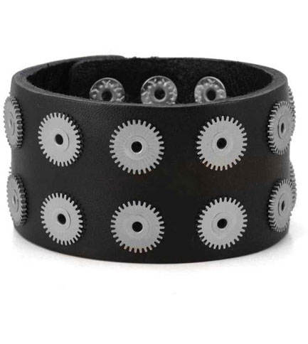 Black Leather 14 Riveted Cogs Wristband