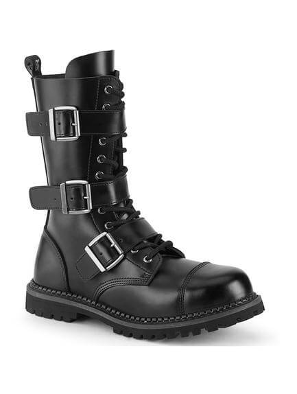 RIOT-12BK Black Leather 12 Eyelet Combat Boots