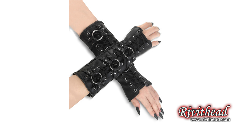 Demonia Lace-up Arm Warmers with O-Ring and spike Detail