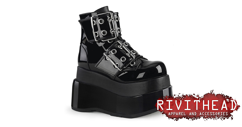 BEAR-104 Black Patent Platform Boots by Demonia