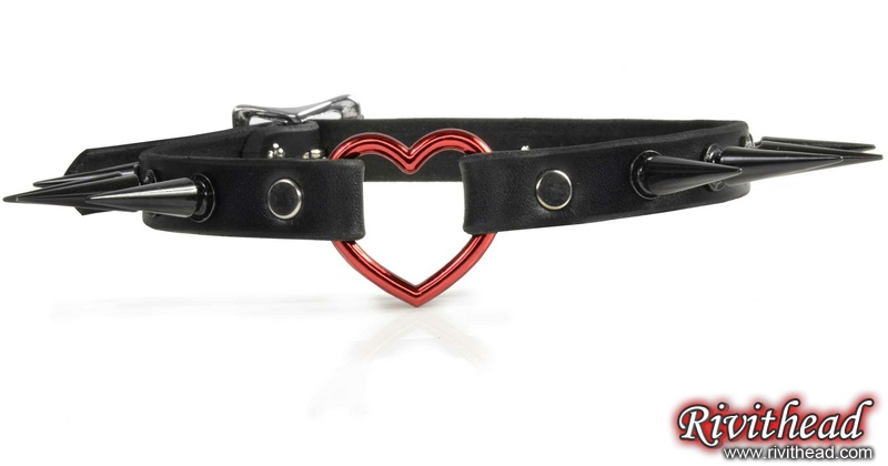 Leather Choker with Red Heart and Black Spikes Rivithead
