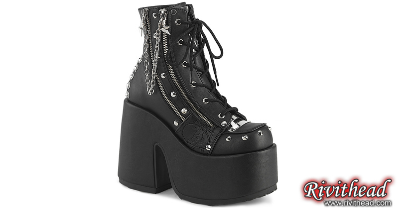 Demonia Camel-208 Black Vegan Leather Platform Boots 5in