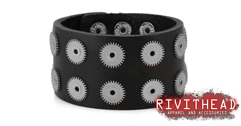 Black Leather 14 Riveted Cogs Wristband