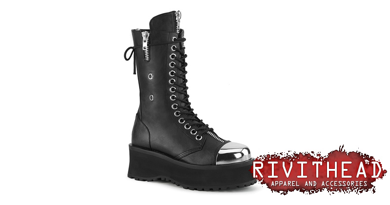 Gravedigger Unisex Chrome Toe Cap Platform Combat Goth Punk Boots Gravedigger Mens Spiked Ankle Boots | Demonia, Metal Toe Cap main image 3