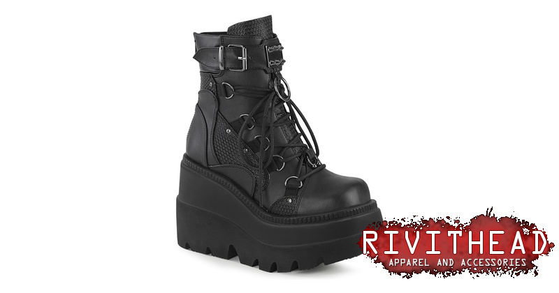 SHAKER-60 Black Platform Wedge Boots with Spikes & Buckle