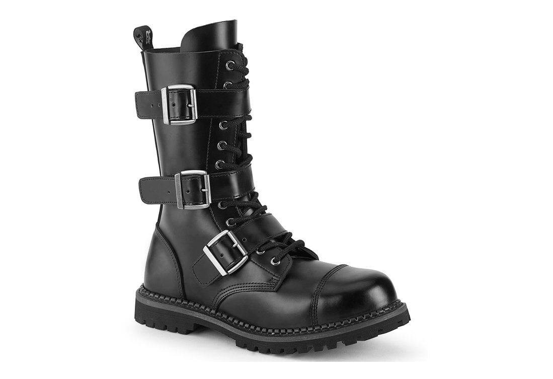 black leather steel toe combat boots