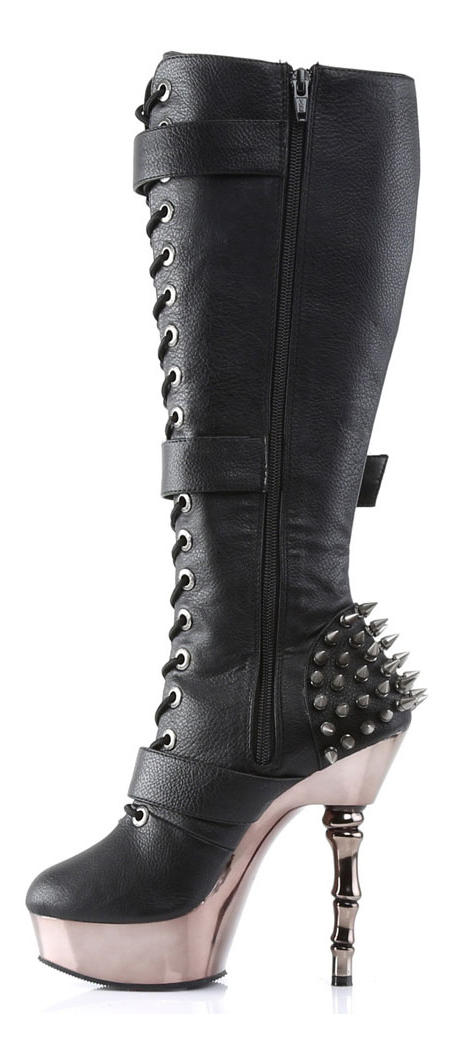 MUERTO-2028 Black Stiletto Boots with Skull Buckles