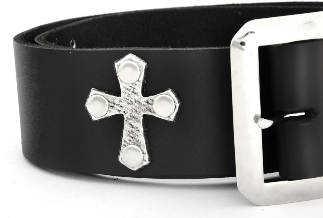 Leather Belt with Angled Crosses and Removable Belt Buckle