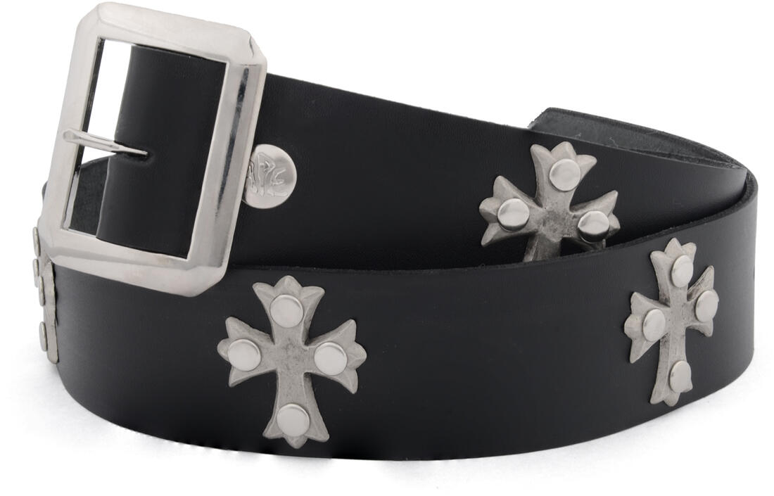 Black Leather Gothic Belt with Silver Florentine Crosses display picture 1