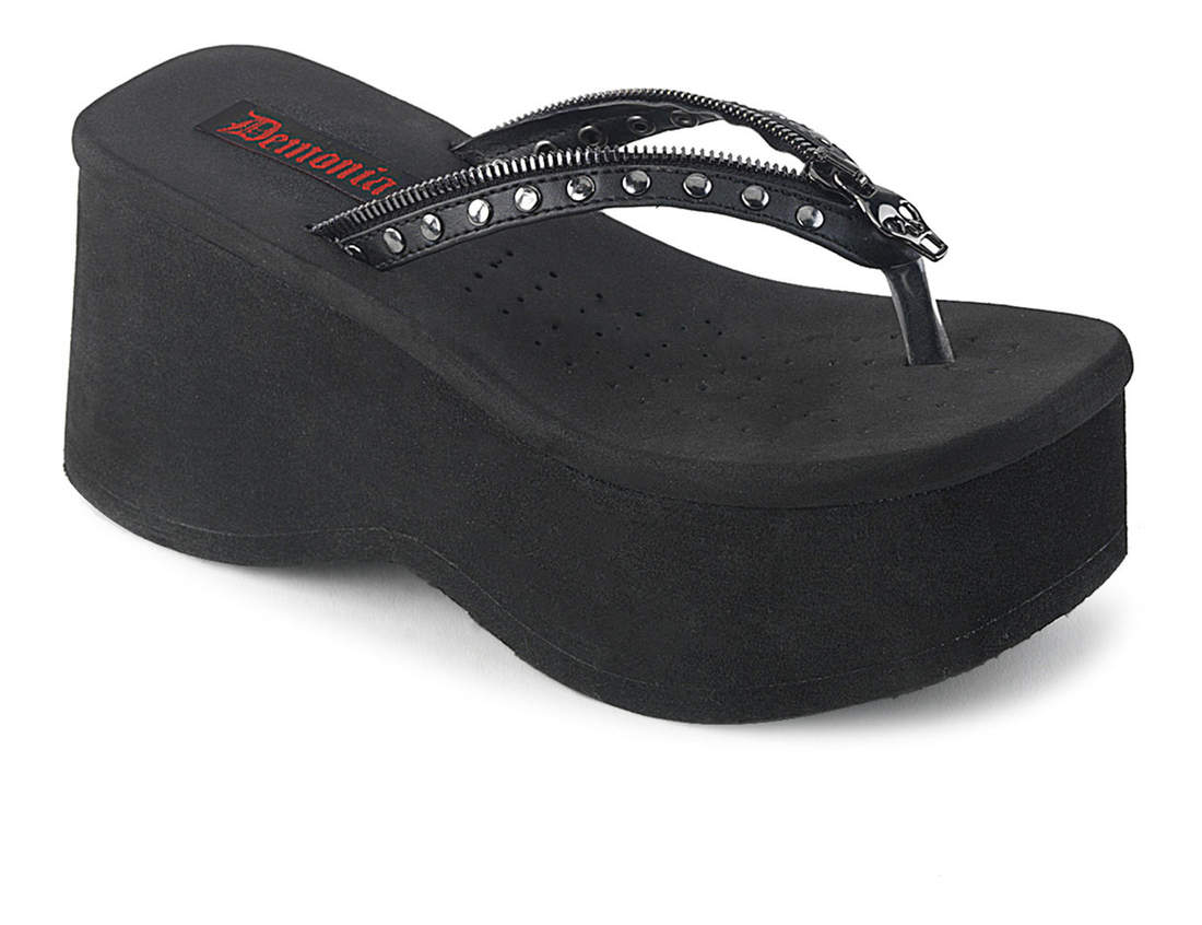 FUNN-33 Black Platform Thong Sandals | Skull Zip - Rivithead