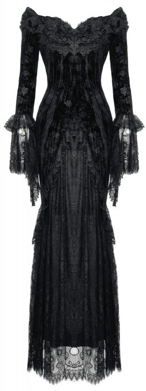 modern gothic dress Dark Gothic Mall Velvet Midi Dress with Lace Splice and Split